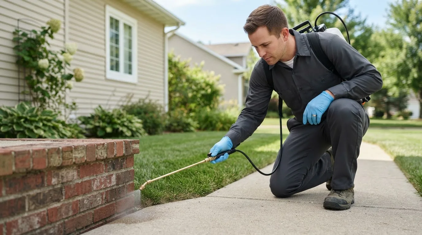 Pest control technician treating a home near Uxbridge, MA
