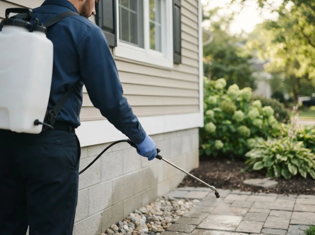 Pest control technician inspecting a home in Uxbridge, MA